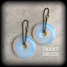 Load image into Gallery viewer, 6 gauge gemstone weights 4mm ear weights Moonstone ear hangers 8mm plug dangles Opalite tunnel weights Hanging gauges Gauged earrings 00g 2g