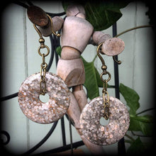 Load image into Gallery viewer, 8mm 6mm 4mm Ear weights, Stone ear hangers, 2 gauge, 0 gauge, Fossil, Ear hangers, Plug dangles, Hanging gauges, Earrings for stretched ears