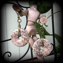 Load image into Gallery viewer, 8mm 6mm 4mm Ear weights, Stone ear hangers, 2 gauge, 0 gauge, Fossil, Ear hangers, Plug dangles, Hanging gauges, Earrings for stretched ears