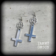 Load image into Gallery viewer, Inverted Cross earrings, Occult jewelry, Plug earrings, Pentagram earrings, Tunnel earrings, Gothic jewelry, Esoteric jewelry, Satanism 2g