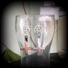 Load image into Gallery viewer, Inverted Cross earrings, Occult jewelry, Plug earrings, Pentagram earrings, Tunnel earrings, Gothic jewelry, Esoteric jewelry, Satanism 2g