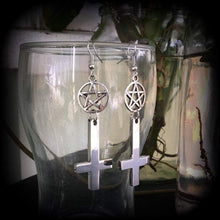 Load image into Gallery viewer, Inverted Cross earrings, Occult jewelry, Plug earrings, Pentagram earrings, Tunnel earrings, Gothic jewelry, Esoteric jewelry, Satanism 2g
