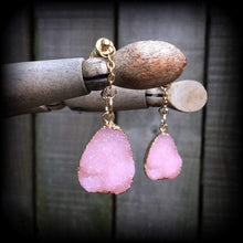 Load image into Gallery viewer, Pink Druzy Tunnel dangles Gemstone ear hangers Quartz Plug dangles Hanging gauges Plug gauges Gauged earrings Ear weights 00g 0g 2g 4g