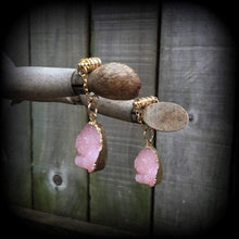 Load image into Gallery viewer, Pink Druzy Tunnel dangles Gemstone ear hangers Quartz Plug dangles Hanging gauges Plug gauges Gauged earrings Ear weights 00g 0g 2g 4g