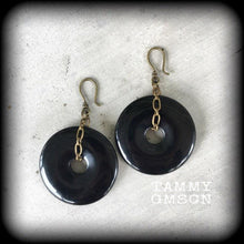 Load image into Gallery viewer, Gemstone earrings Black earrings Onyx earrings Black onyx jewelry Gothic earrings Statement earrings Tunnel earrings Tribal earrings Ethnic