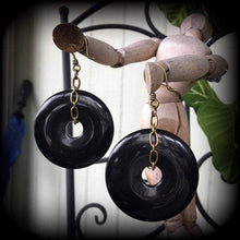 Load image into Gallery viewer, Gemstone earrings Black earrings Onyx earrings Black onyx jewelry Gothic earrings Statement earrings Tunnel earrings Tribal earrings Ethnic