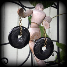 Load image into Gallery viewer, Gemstone earrings Black earrings Onyx earrings Black onyx jewelry Gothic earrings Statement earrings Tunnel earrings Tribal earrings Ethnic