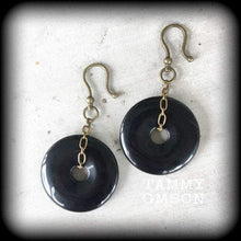 Load image into Gallery viewer, Onyx ear weights, Black onyx jewelry, Gemstone ear hangers, Plug dangles, Hanging gauges, Stone weights, Tunnel dangles, Gauged earrings 0g