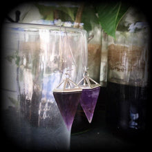 Load image into Gallery viewer, Amethyst earrings, Quartz earrings, Purple earrings, Amethyst jewelry, Plug earrings, Tunnel earrings, Dangle Earrings, Boho earrings