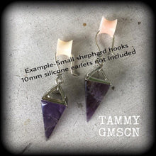 Load image into Gallery viewer, Amethyst earrings, Quartz earrings, Purple earrings, Amethyst jewelry, Plug earrings, Tunnel earrings, Dangle Earrings, Boho earrings