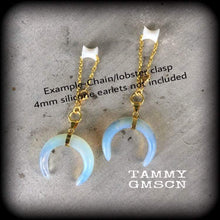 Load image into Gallery viewer, Opalite earrings Gemstone Quartz Crystal Stone Moonstone earrings Crescent moon earrings Moon earrings Dangle earrings Gauged earrings 2g