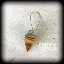 Load image into Gallery viewer, Single Tigers Eye earring, Gemstone earring, Single ear weight, Boho earring, Tigers eye jewelry,Tunnel earring, Plug dangle, Gauged earring