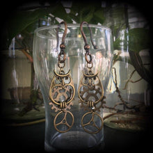Load image into Gallery viewer, Bronze owl ear hangers, Steampunk Plug earrings, Owl drop earrings, Cog Tunnel dangles, Gear earrings, Plug dangles, Hanging gauges, Gauges