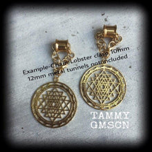 Load image into Gallery viewer, Sri Yantra tunnel dangles, Hanging gauges, Plug earrings, Gauged earrings, Ear Hangers, Chakra weights, Esoteric ear weights 6mm 2 gauge 8mm