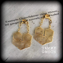 Load image into Gallery viewer, Hexagon Ear hangers, 00 gauge, 12mm, 14mm, Geometric ear weights, Plug dangles, Hanging gauges, Gauged earrings, Plug gauges, Tunnel dangles