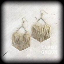Load image into Gallery viewer, Hexagon earrings Tunnel earrings Sacred Geometry Geometric earrings Hexagon jewelry Ear hangers Tunnel dangles Gauged earrings for stretched