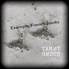 Load image into Gallery viewer, Dinosaur earrings Stegosaurus earrings Dinosaur jewelry Jurassic earrings T Rex 4mm tunnel earrings Reptile jewelry 6 gauge plug earrings