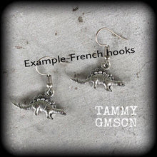 Load image into Gallery viewer, Dinosaur tunnel dangles 4 gauge weights 4mm Gauged earrings Stegosaurus 6mm ear hangers Hanging gauges Reptile jewelry 5mm plug dangles 2g