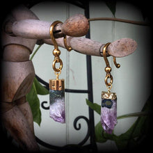 Load image into Gallery viewer, Amethyst earrings, Raw gemstone, Tunnel earrings, Amethyst ear weights, Crystal earrings, Quartz weights, Dangle earrings, Gauged earrings