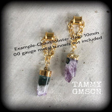 Load image into Gallery viewer, Amethyst earrings, Raw gemstone, Tunnel earrings, Amethyst ear weights, Crystal earrings, Quartz weights, Dangle earrings, Gauged earrings