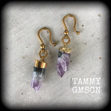 Load image into Gallery viewer, Amethyst earrings, Raw gemstone, Tunnel earrings, Amethyst ear weights, Crystal earrings, Quartz weights, Dangle earrings, Gauged earrings