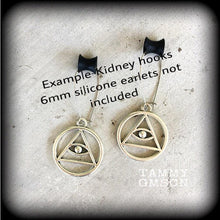 Load image into Gallery viewer, Illuminati earrings, Esoteric earrings, Illuminati jewelry, Evil eye, All seeing eye, Eye of Providence, Plug earrings, Tunnel dangles 0g 2g