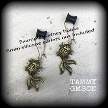 Load image into Gallery viewer, Koi fish earrings, Gold fish earrings, Tattoo earrings, Sailor Jerry, Tattoo jewelry, Tunnel earrings, Japanese fish, Plug earrings, Gauges