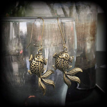 Load image into Gallery viewer, Koi fish earrings, Gold fish earrings, Tattoo earrings, Sailor Jerry, Tattoo jewelry, Tunnel earrings, Japanese fish, Plug earrings, Gauges