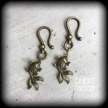 Load image into Gallery viewer, Koi ear weights, Tattoo ear hangers, Tunnel dangles, Plug dangles, Hanging gauges, Gauged earrings, Gauges, Bronze Plug earrings, 00g 0g