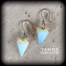 Load image into Gallery viewer, 3mm 4mm gauges Opalite ear weights Moonstone ear hangers 6 gauge weights 8 gauge Tunnel dangles Plug dangles Hanging gauges Gauged earring