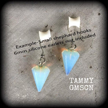 Load image into Gallery viewer, 3mm 4mm gauges Opalite ear weights Moonstone ear hangers 6 gauge weights 8 gauge Tunnel dangles Plug dangles Hanging gauges Gauged earring