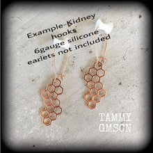 Load image into Gallery viewer, 8mm ear weights 00 gauge 0 gauge Honeycomb ear hangers Bee hive Hexagon Geometric weights Plug dangles Gauged earrings Hanging gauges 2g 4g