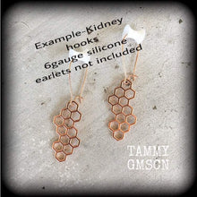 Load image into Gallery viewer, Honeycomb earrings, Bee hive earrings, Hexagon earrings, Geometric earrings, Tunnel earrings, Sacred Geometry, Plug earrings, Bee earrings