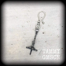 Load image into Gallery viewer, Single earring, Inverted Cross earring, Inverted Cross, Satanic jewelry, Evil, Gothic, Occult jewelry, Tunnel earring, Plug earring, CoS