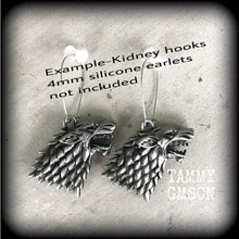 Load image into Gallery viewer, Game of Thrones earrings Movie earrings House Stark Wolf earrings Dire wolf Winterfell Christmas gifts Plug earrings Gauged earrings 14g 12g