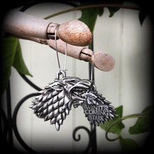 Load image into Gallery viewer, Game of Thrones earrings Movie earrings House Stark Wolf earrings Dire wolf Winterfell Christmas gifts Plug earrings Gauged earrings 14g 12g