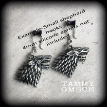 Load image into Gallery viewer, Game of Thrones earrings Movie earrings House Stark Wolf earrings Dire wolf Winterfell Christmas gifts Plug earrings Gauged earrings 14g 12g