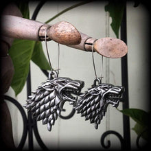 Load image into Gallery viewer, Game of Thrones earrings Movie earrings House Stark Wolf earrings Dire wolf Winterfell Christmas gifts Plug earrings Gauged earrings 14g 12g
