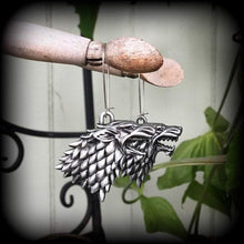Load image into Gallery viewer, Game of Thrones earrings Movie earrings House Stark Wolf earrings Dire wolf Winterfell Christmas gifts Plug earrings Gauged earrings 14g 12g