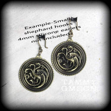 Load image into Gallery viewer, Targaryen, Game of Thrones, Ear hangers, Dragon, Ear weights, Dragon jewelry, Valyrian jewelry, Fire and Blood, Plug dangles, Hanging gauges