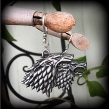 Load image into Gallery viewer, Game of Thrones earrings Plug gauges House Stark Wolf ear weights Dire wolf Ear hangers Tunnel dangles Plug dangles Gauged earrings 2g 4g 6g