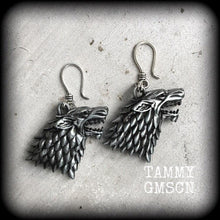 Load image into Gallery viewer, Game of Thrones earrings Plug gauges House Stark Wolf ear weights Dire wolf Ear hangers Tunnel dangles Plug dangles Gauged earrings 2g 4g 6g