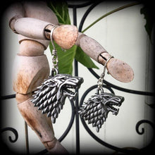 Load image into Gallery viewer, Game of Thrones earrings Plug gauges House Stark Wolf ear weights Dire wolf Ear hangers Tunnel dangles Plug dangles Gauged earrings 2g 4g 6g