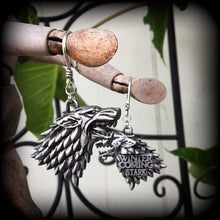 Load image into Gallery viewer, Game of Thrones earrings Plug gauges House Stark Wolf ear weights Dire wolf Ear hangers Tunnel dangles Plug dangles Gauged earrings 2g 4g 6g