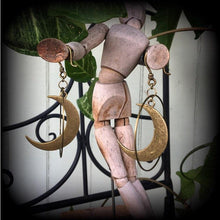 Load image into Gallery viewer, 3D Crescent Moon earrings Orrery earrings Goddess earrings Pagan earrings Moon jewelry Bronze moon earrings Plug earrings Gauged earrings