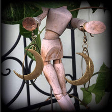 Load image into Gallery viewer, 3D Crescent Moon earrings Orrery earrings Goddess earrings Pagan earrings Moon jewelry Bronze moon earrings Plug earrings Gauged earrings