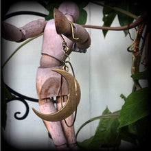 Load image into Gallery viewer, 3D Crescent Moon earrings Orrery earrings Goddess earrings Pagan earrings Moon jewelry Bronze moon earrings Plug earrings Gauged earrings