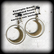 Load image into Gallery viewer, 3D Crescent Moon earrings Orrery earrings Goddess earrings Pagan earrings Moon jewelry Bronze moon earrings Plug earrings Gauged earrings