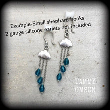 Load image into Gallery viewer, Cloud ear hangers, Kitsch tunnel dangles, Retro plug dangles, Rainy Day, Umbrella earrings, Ear weights, Hanging gauges, Dangle plug earring