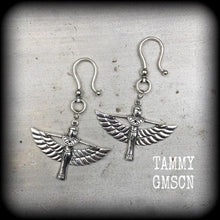 Load image into Gallery viewer, Isis earrings Egyptian earrings Egyptian goddess Cartouche Nefertiti Ankh earrings Tunnel earrings Plug earrings Hanging gauges 2 gauge 6mm